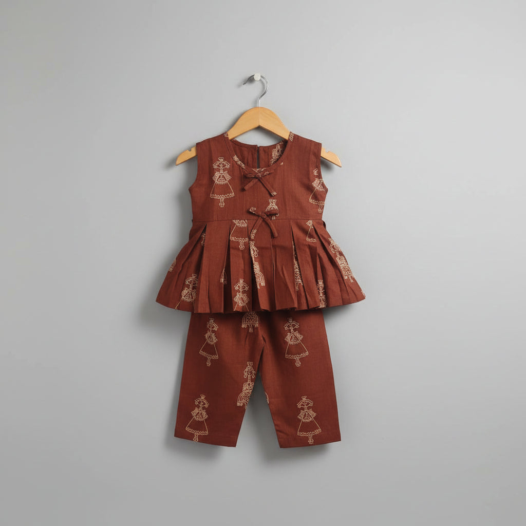 Girls Brown Printed Cotton Peplum Top & Pant Co-ord Set
