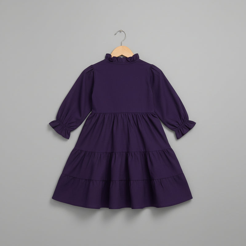 Girls Purple Solid Tiered Cotton-Viscose Dress