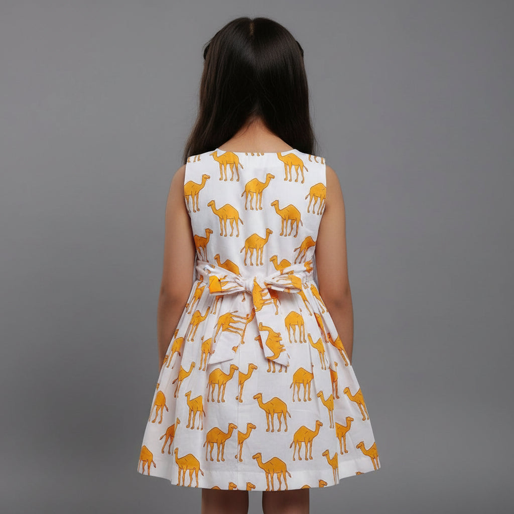 Girls White Camel Print Cotton Dress with Bow Detail