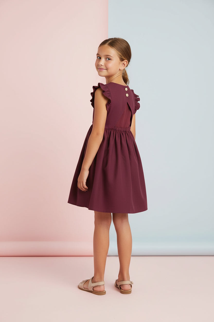 Girls Maroon Solid Cotton Viscose Fit & Flare Dress