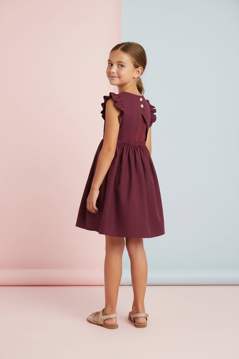 Girls Maroon Solid Cotton Viscose Fit & Flare Dress