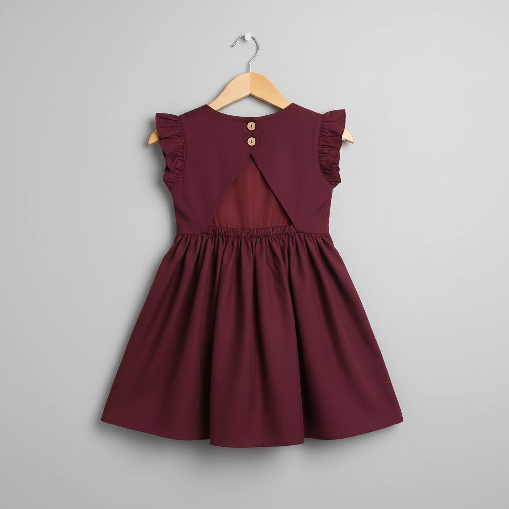 Girls Maroon Solid Cotton Viscose Fit & Flare Dress