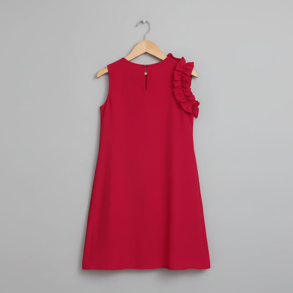Girls Red Floral Pure Cotton Applique A-Line Dress