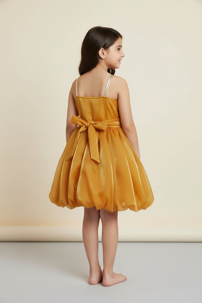 Girls Mustard Fendi Party Wear Dress with Floral Applique