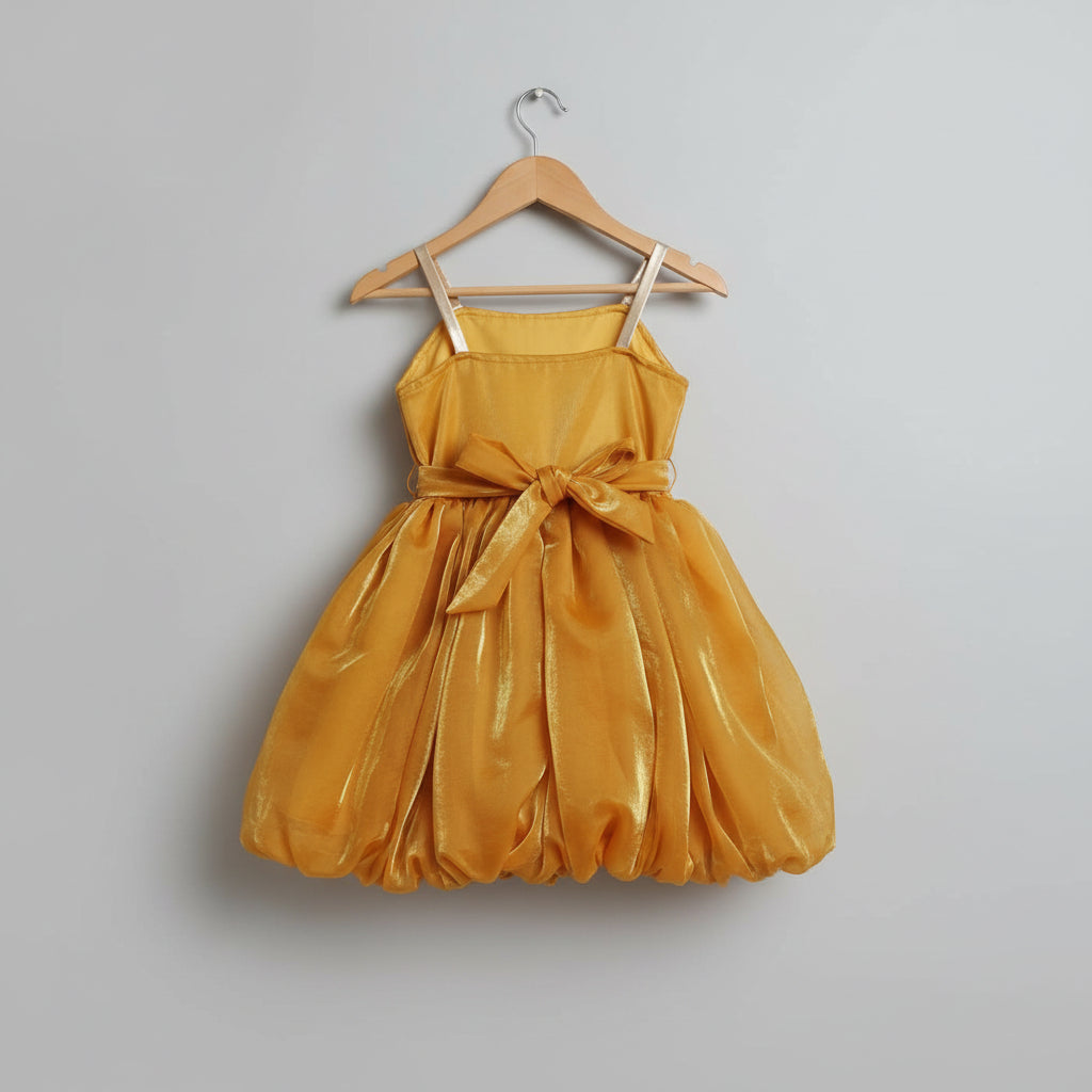 Girls Mustard Fendi Party Wear Dress with Floral Applique