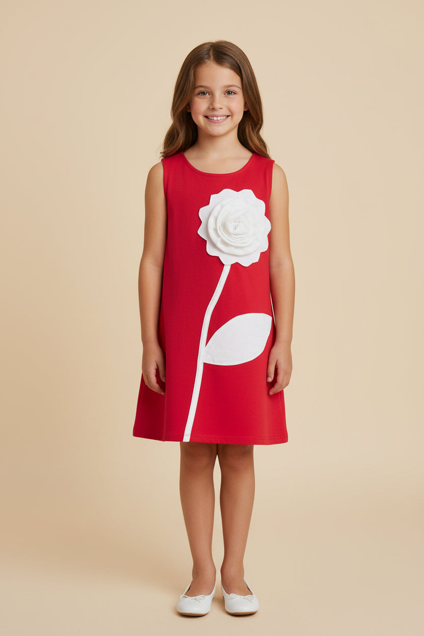 Girls Red Floral  Applique Cotton Viscose Sleeveless A-Line Dress