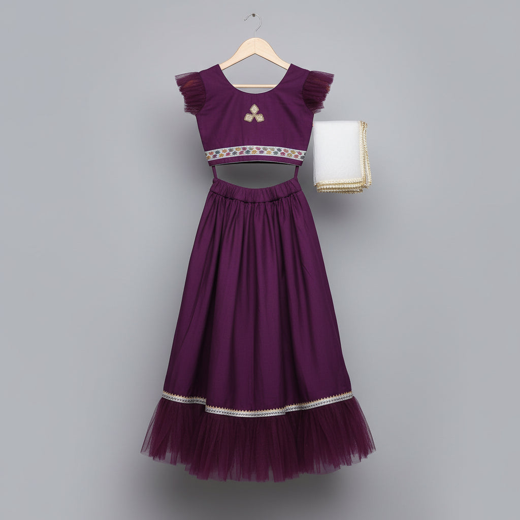 Girls Purple Cotton Viscose Lehenga Choli Set with White Dupatta