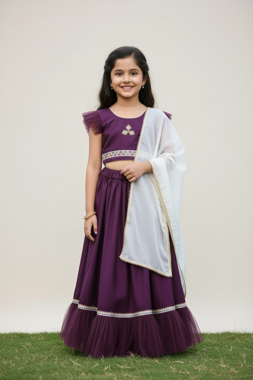 Girls Purple Cotton Viscose Lehenga Choli Set with White Dupatta