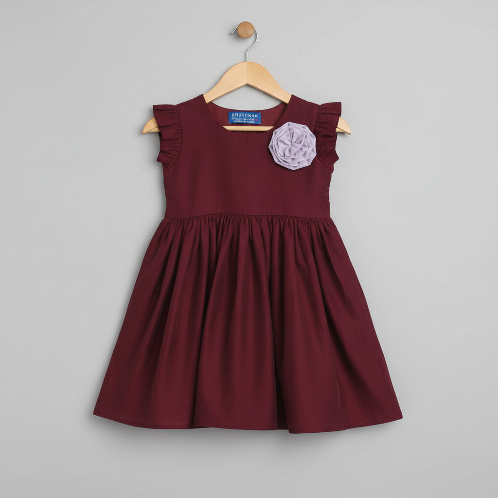 Girls Maroon Solid Cotton Viscose Fit & Flare Dress