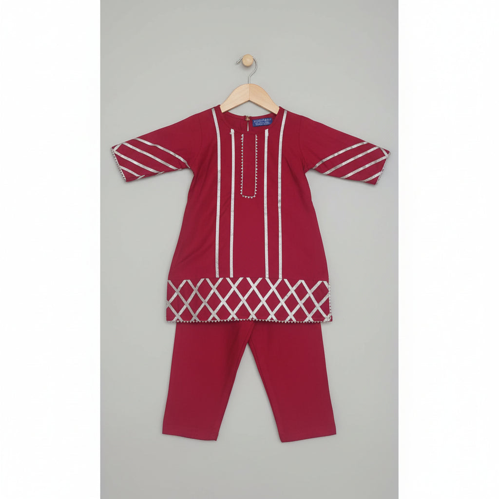 Girls Maroon cotton viscose  Printed Kurta & Pant Set