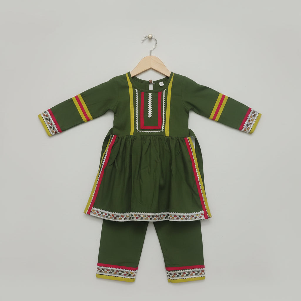 Girls Olive Green Cotton Viscose Kurta Set with Pants