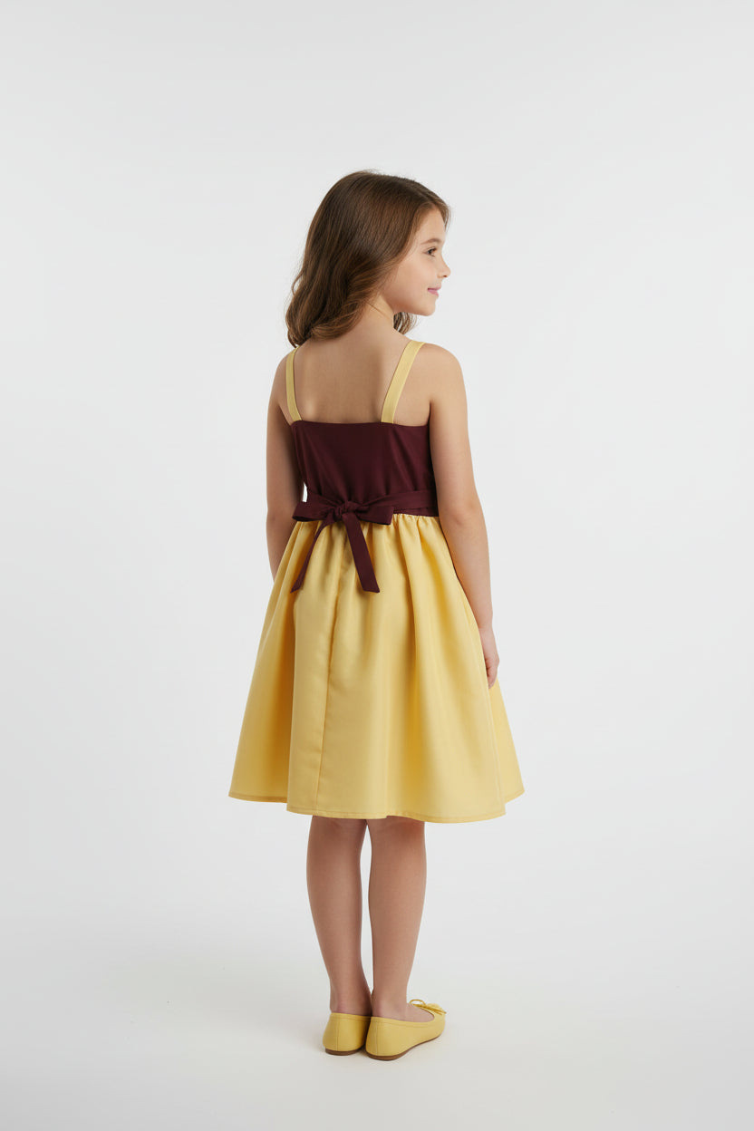 Girls Yellow & Brown Silk Party Wear Dress with Cotton Lining