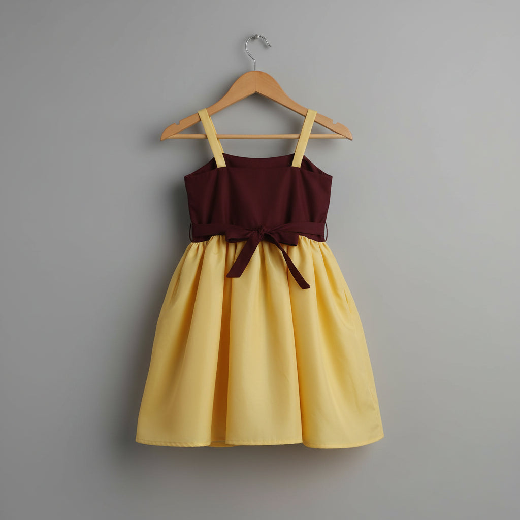 Girls Yellow & Brown Silk Party Wear Dress with Cotton Lining