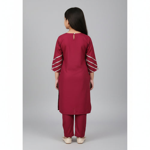 Girls Maroon cotton viscose  Printed Kurta & Pant Set