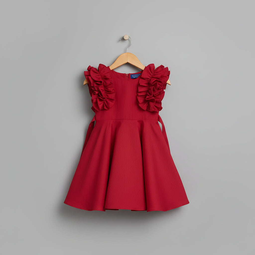 Girls Red Ruffle Sleeve Cotton Viscose Party Dress