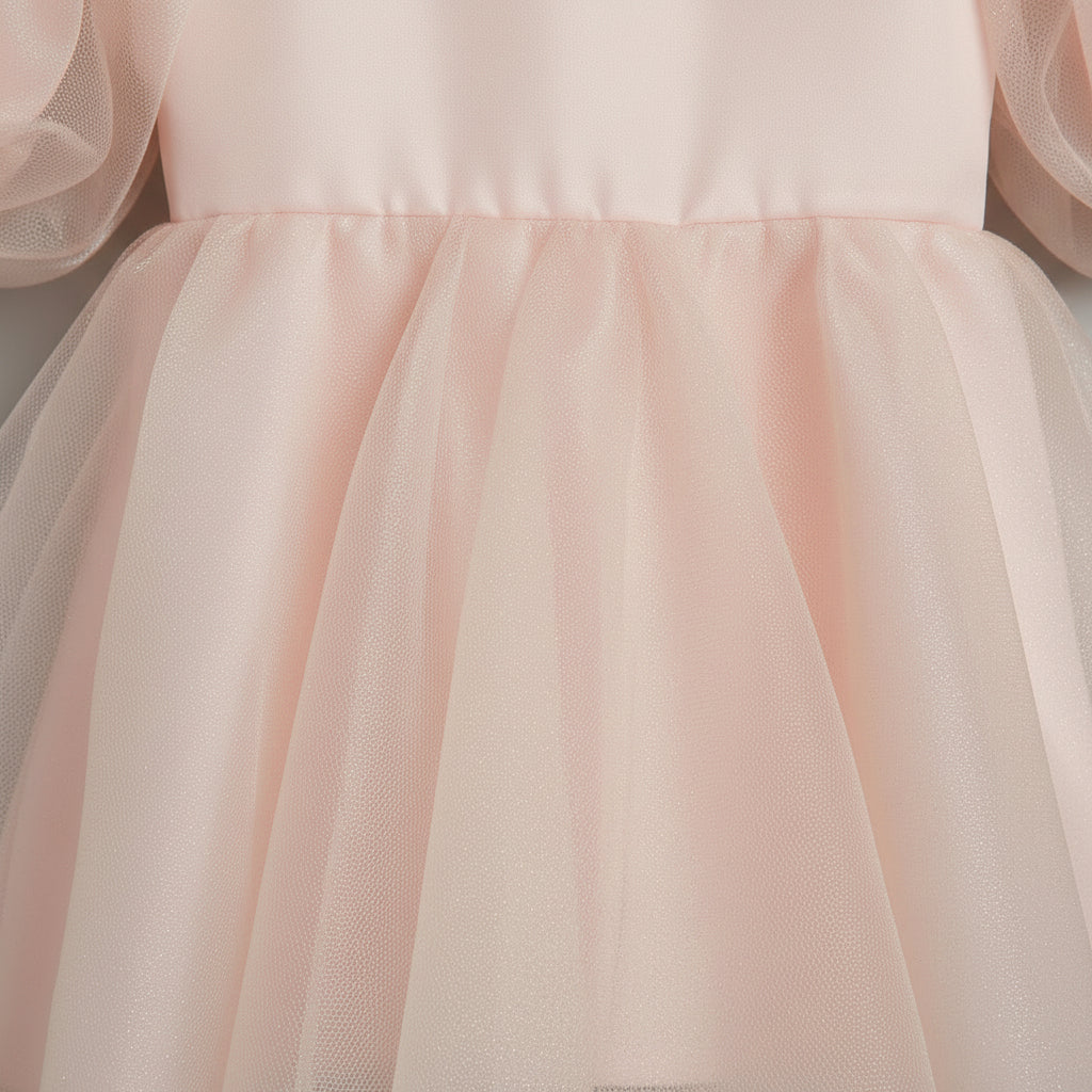 Girls Peach Organza & Satin Party Dress with Puff Sleeves