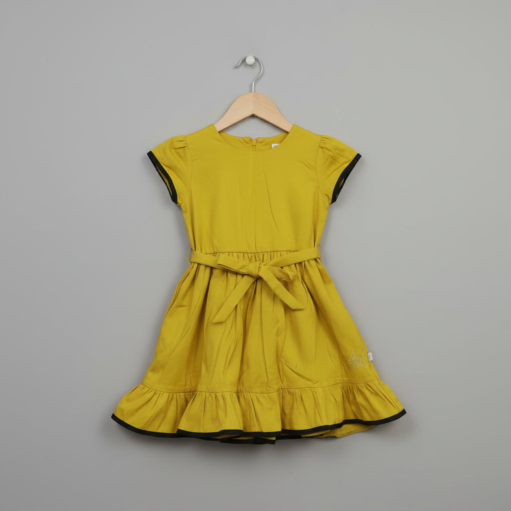 Girls Mustard Yellow Cotton Viscose Fit & Flare Dress with Bow Details