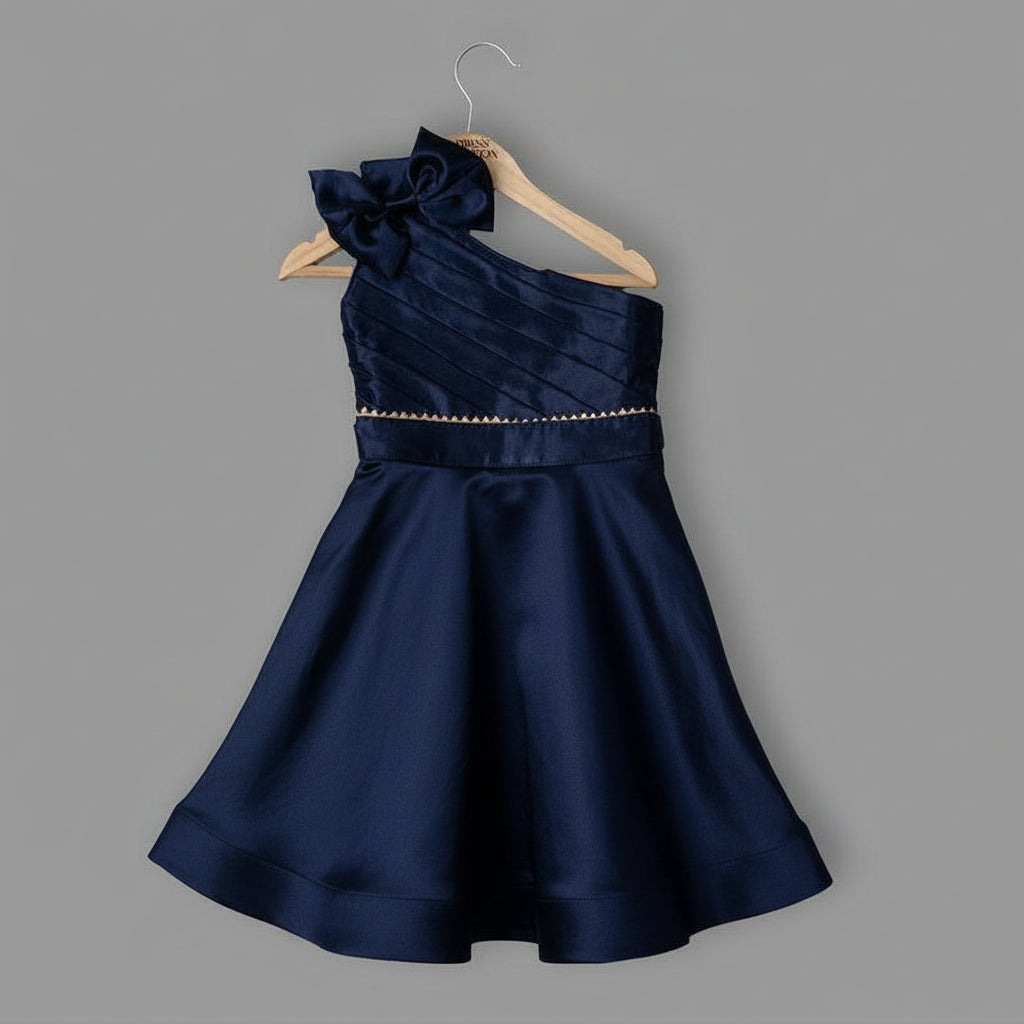 Navy Blue One-Shoulder Satin Party Dress for Girls
