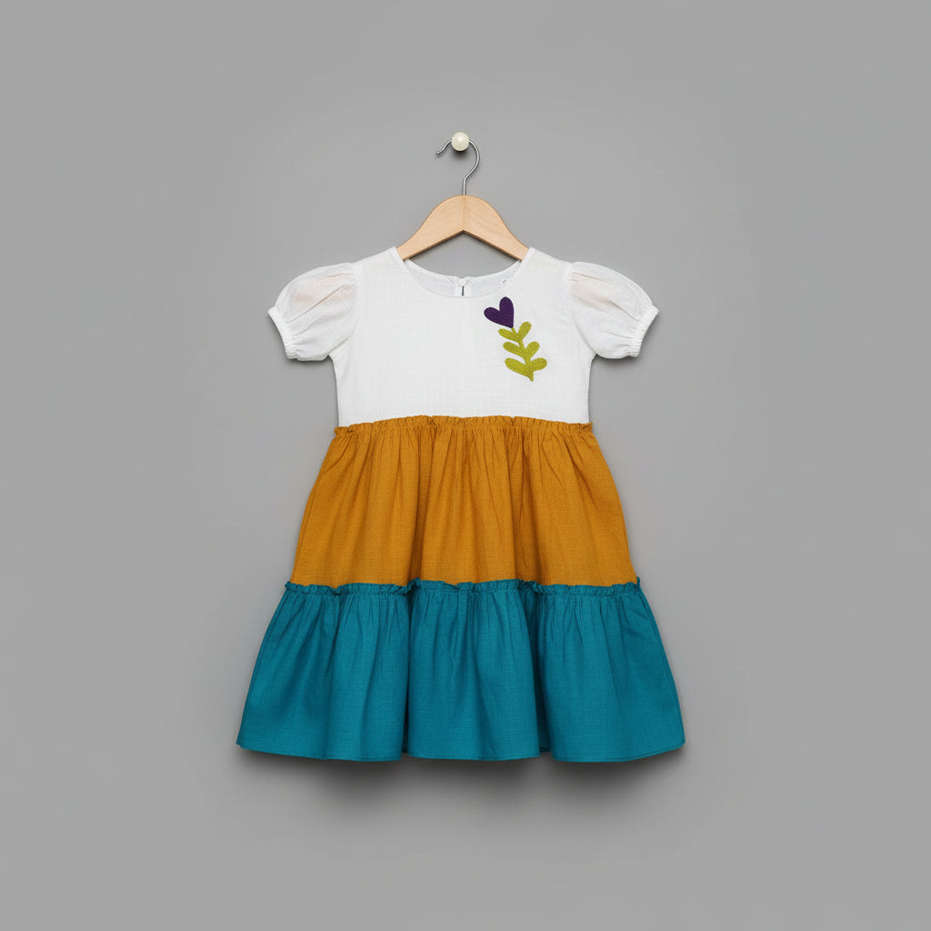 Girls White, Mustard & Teal Cotton Viscose Tiered Dress