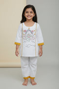 Girls White Pure Cotton Handcrafted Kurta Pant Set with Goddess Laxmi Print