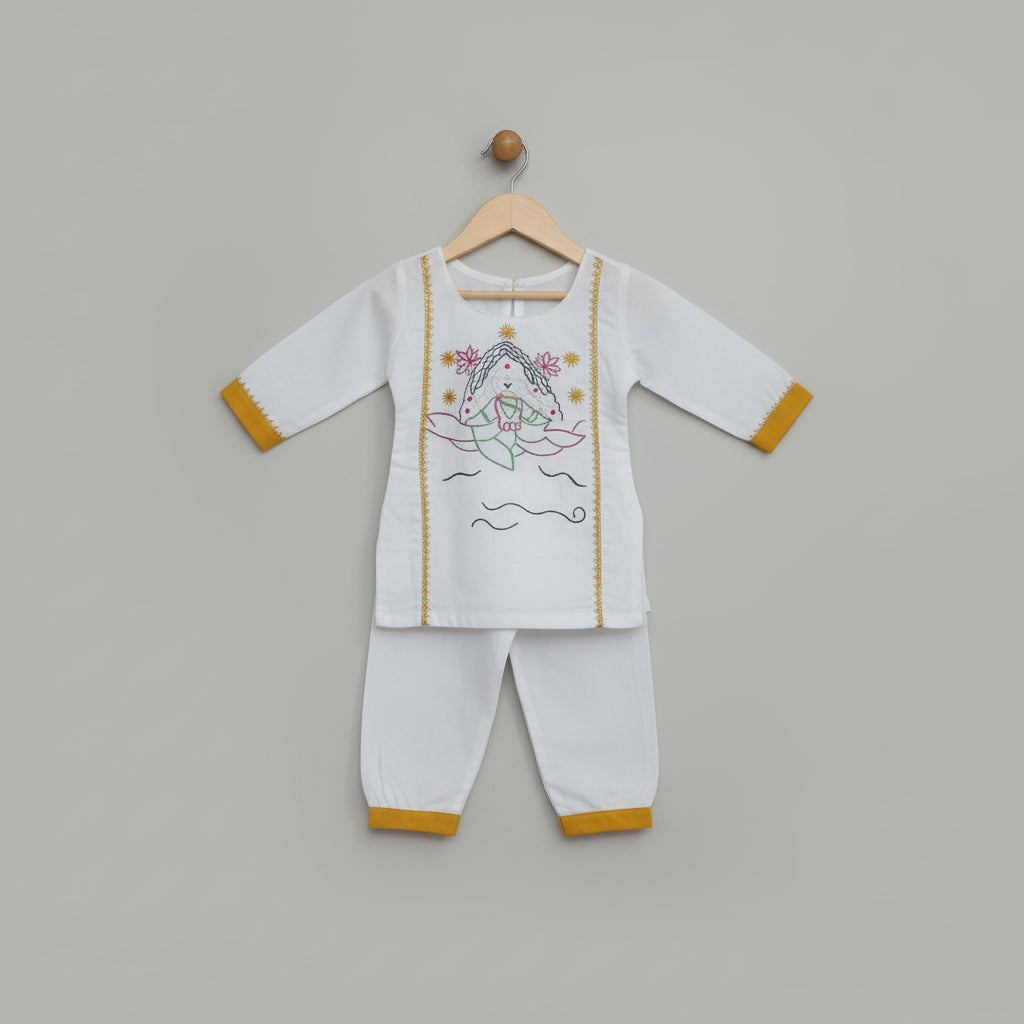 Girls White Pure Cotton Handcrafted Kurta Pant Set with Goddess Laxmi Print
