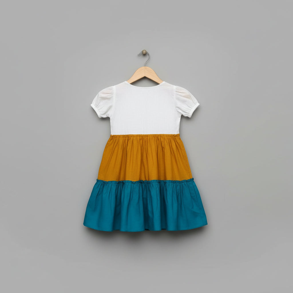 Girls White, Mustard & Teal Cotton Viscose Tiered Dress