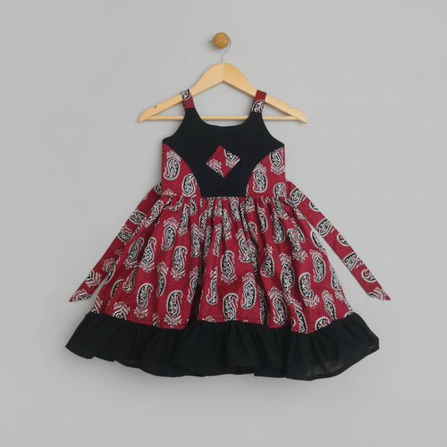 Girls Maroon & Black Printed pure Cotton Party Dress