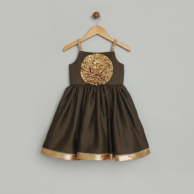 Girls Dark Green Silk Party Wear Dress with Floral Appliqué