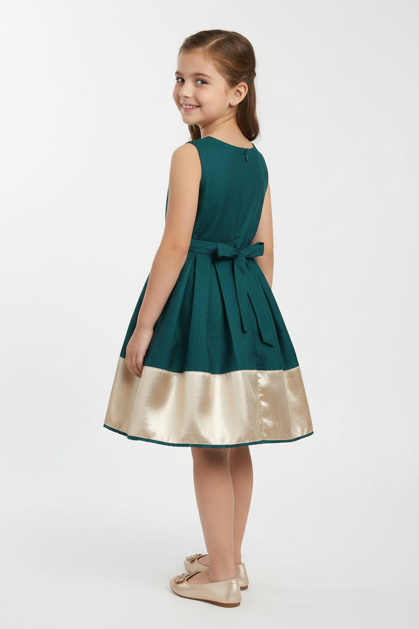 Girls Teal Vichitra Silk Party Dress with Gold Border