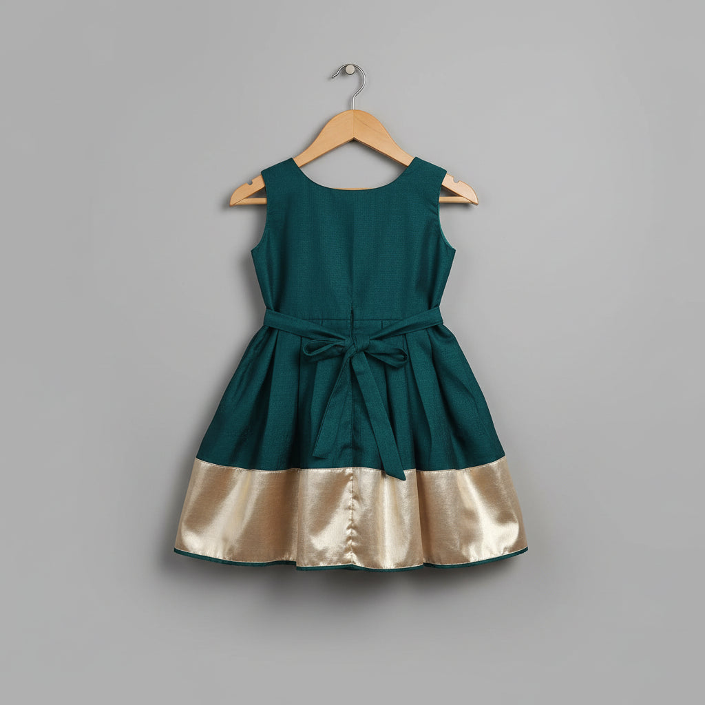 Girls Teal Vichitra Silk Party Dress with Gold Border