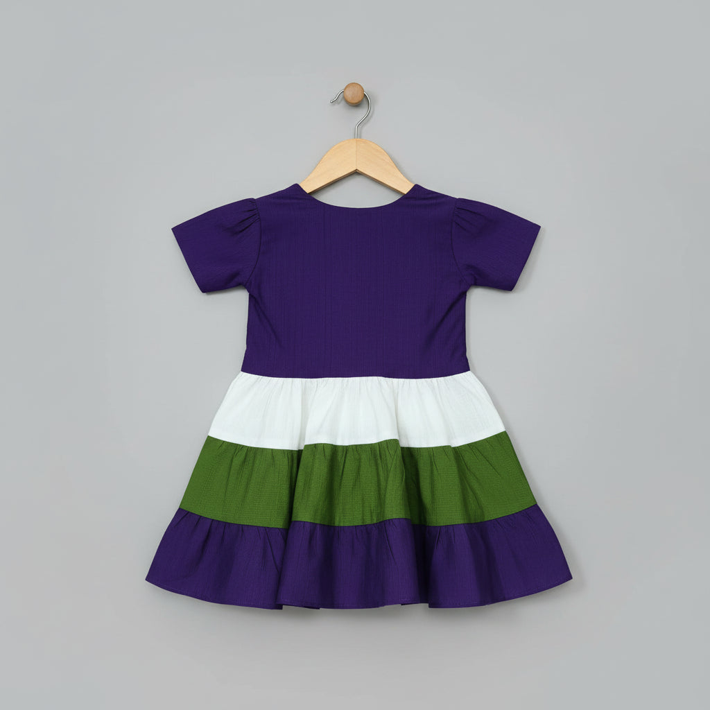Girls Purple Tiered Cotton Viscose Dress with Floral Applique