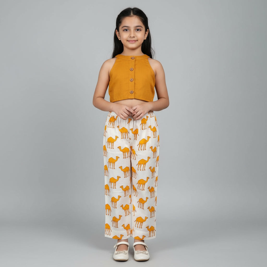 Girls Mustard Cotton Crop Top & Printed Palazzo Co-ord Set