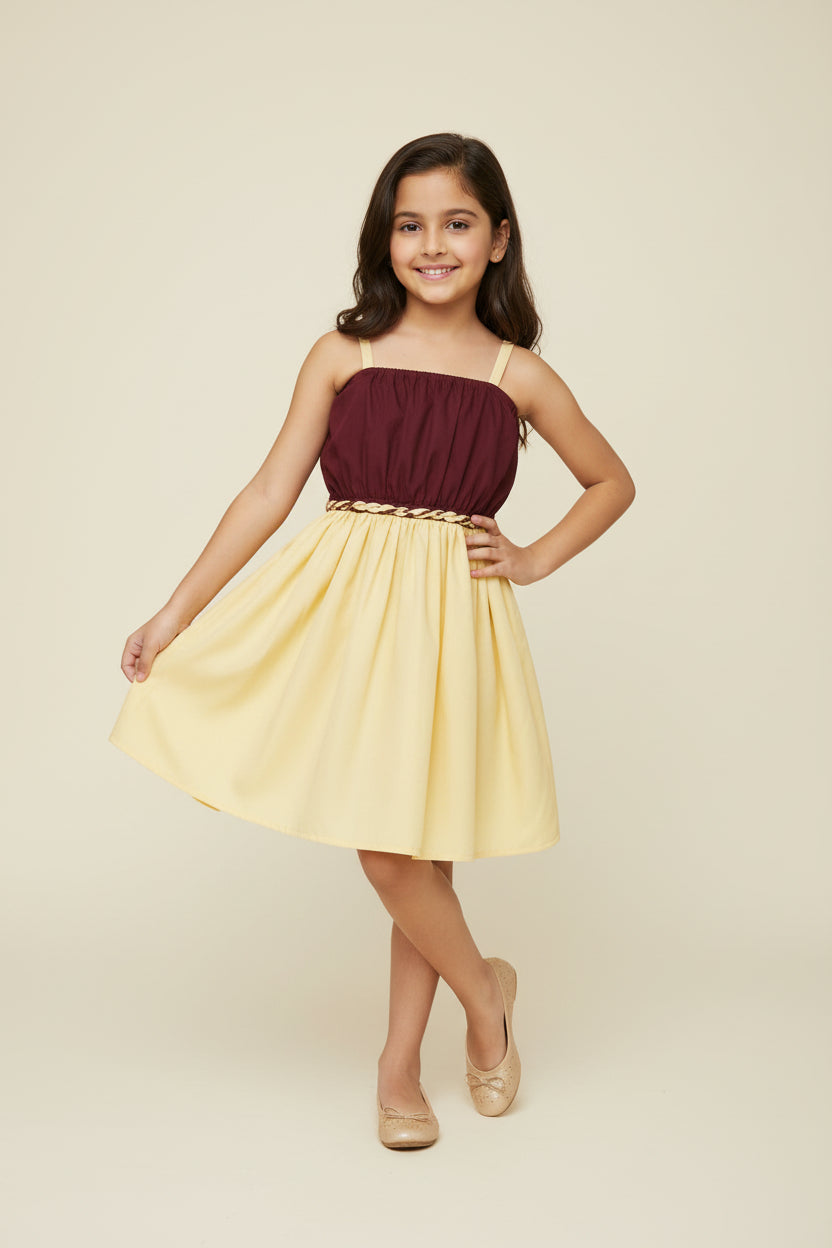 Girls Yellow & Brown Silk Party Wear Dress with Cotton Lining