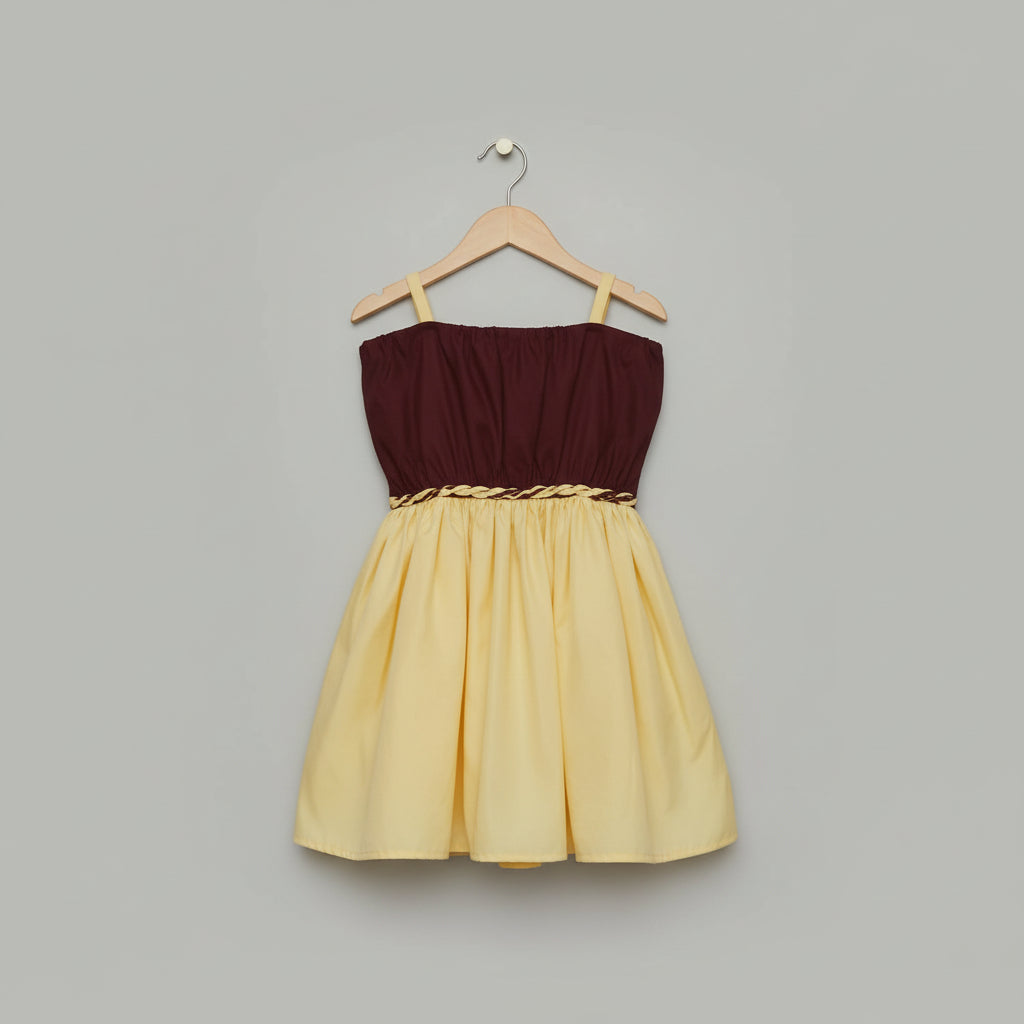 Girls Yellow & Brown Silk Party Wear Dress with Cotton Lining