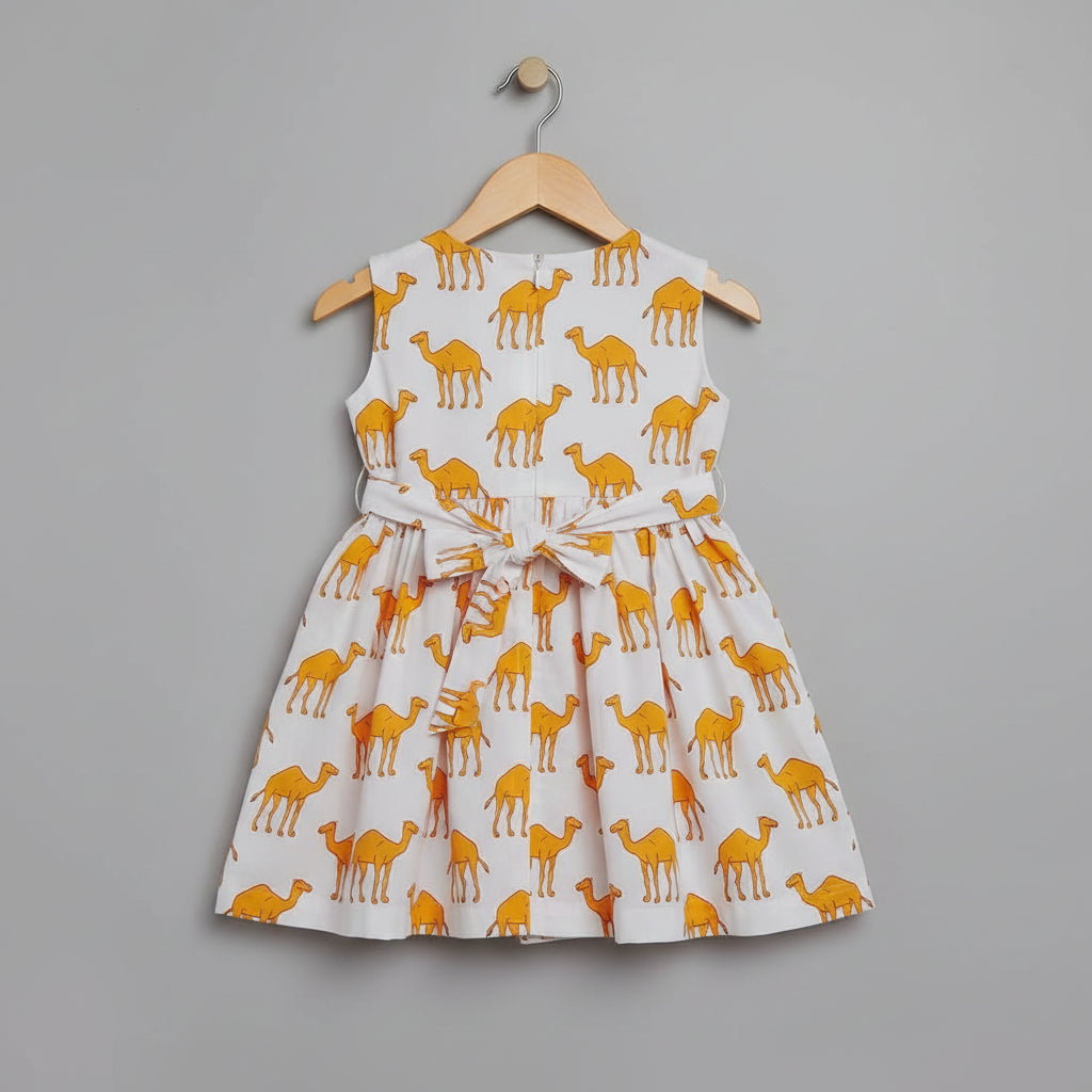 Girls White Camel Print Cotton Dress with Bow Detail