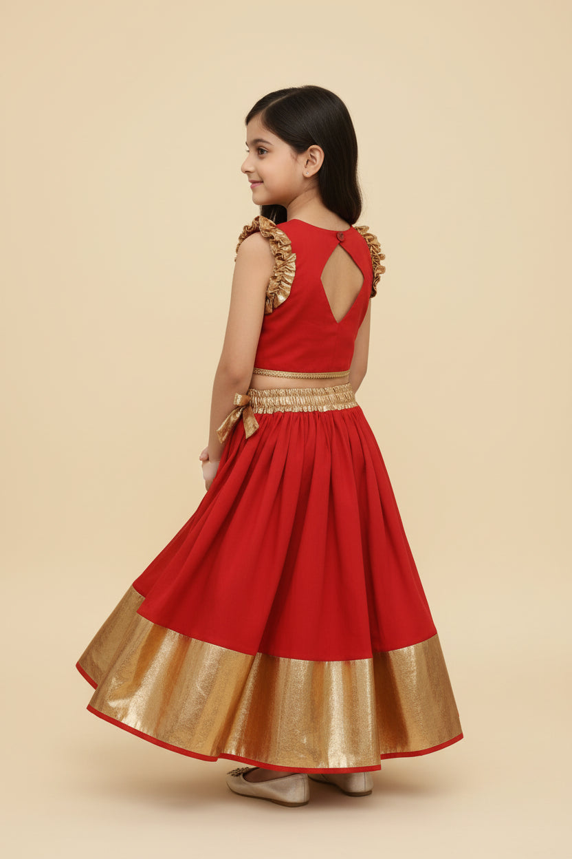 Girls Red & Gold Silk Lehenga Choli Set