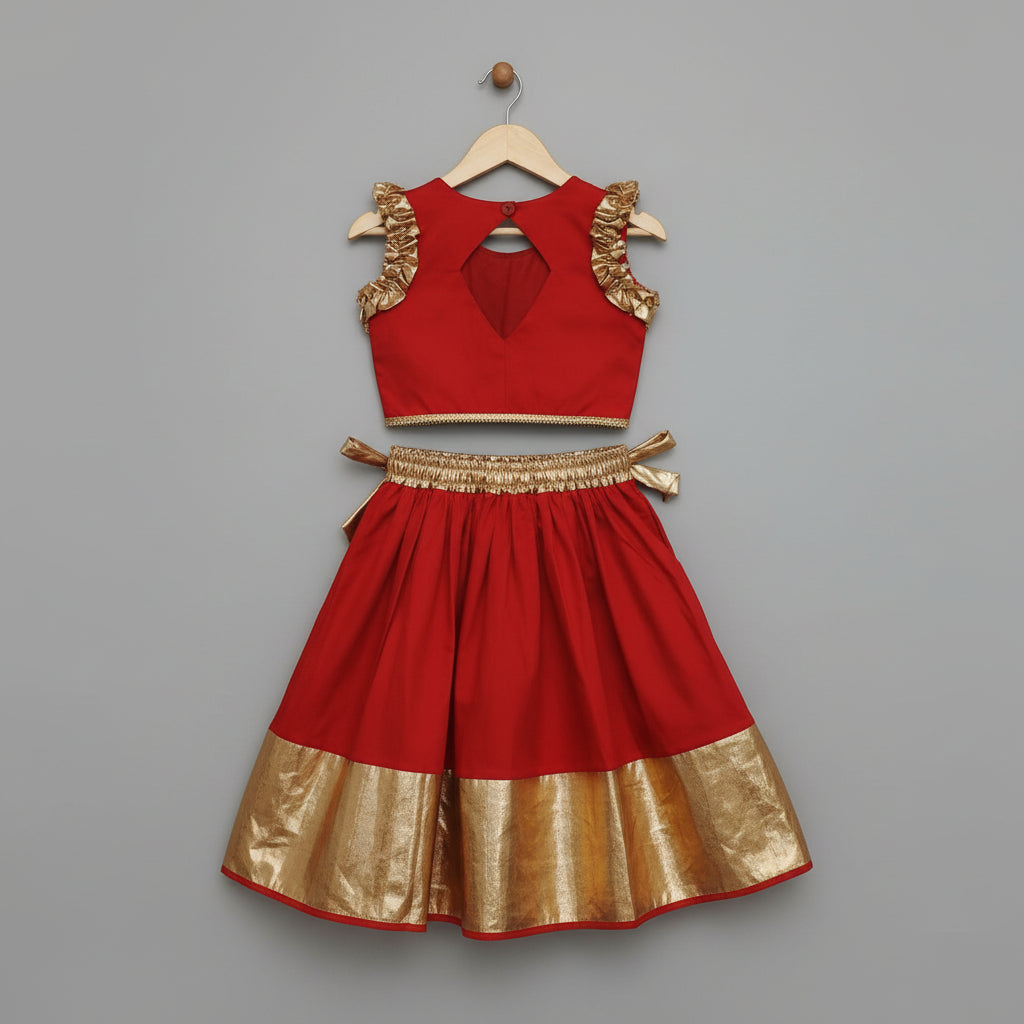 Girls Red & Gold Silk Lehenga Choli Set