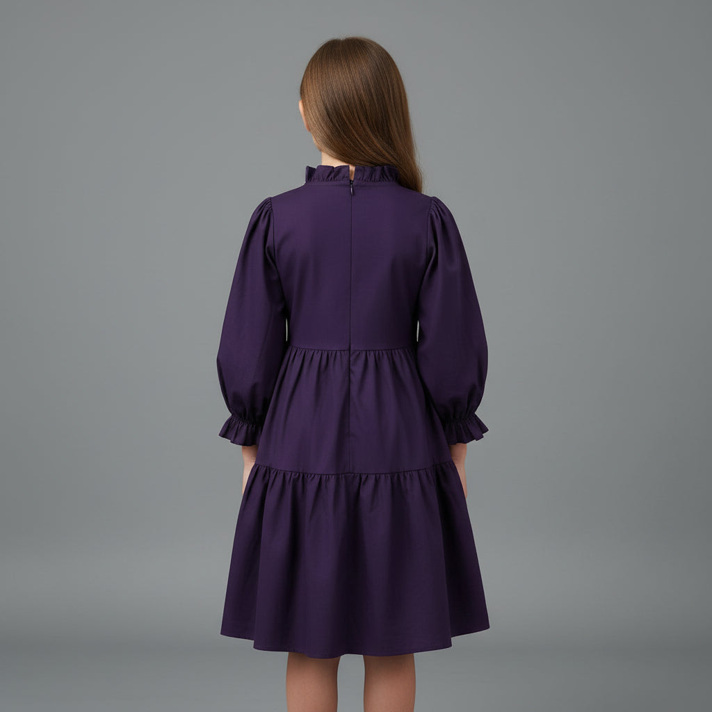 Girls Purple Solid Tiered Cotton-Viscose Dress