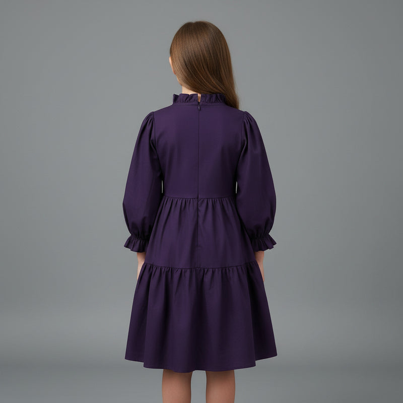 Girls Purple Solid Tiered Cotton-Viscose Dress