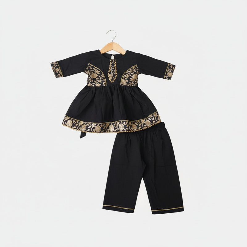 Girls Black & Gold Embroidered cotton viscose  Kurta Pant Set