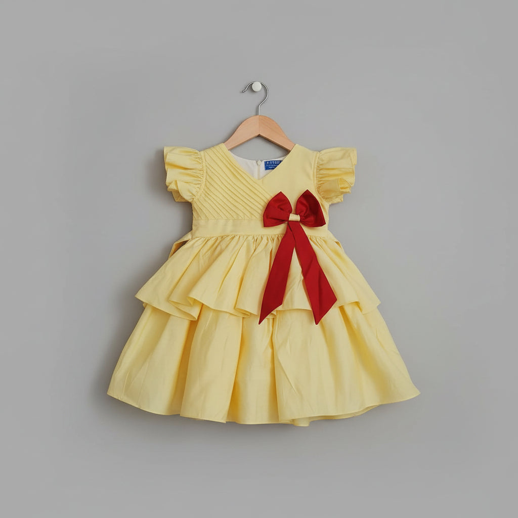 Girls Yellow Silk Party Wear Dress with Bow Detail