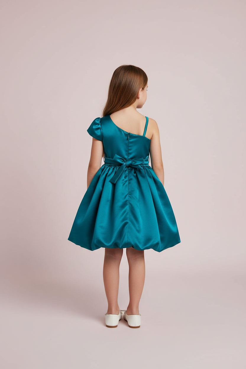 Girls Teal Satin Party Wear Dress with Floral Applique