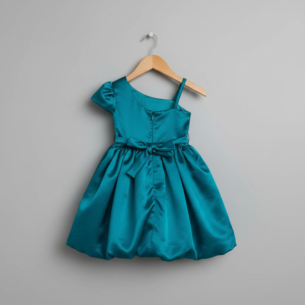 Girls Teal Satin Party Wear Dress with Floral Applique