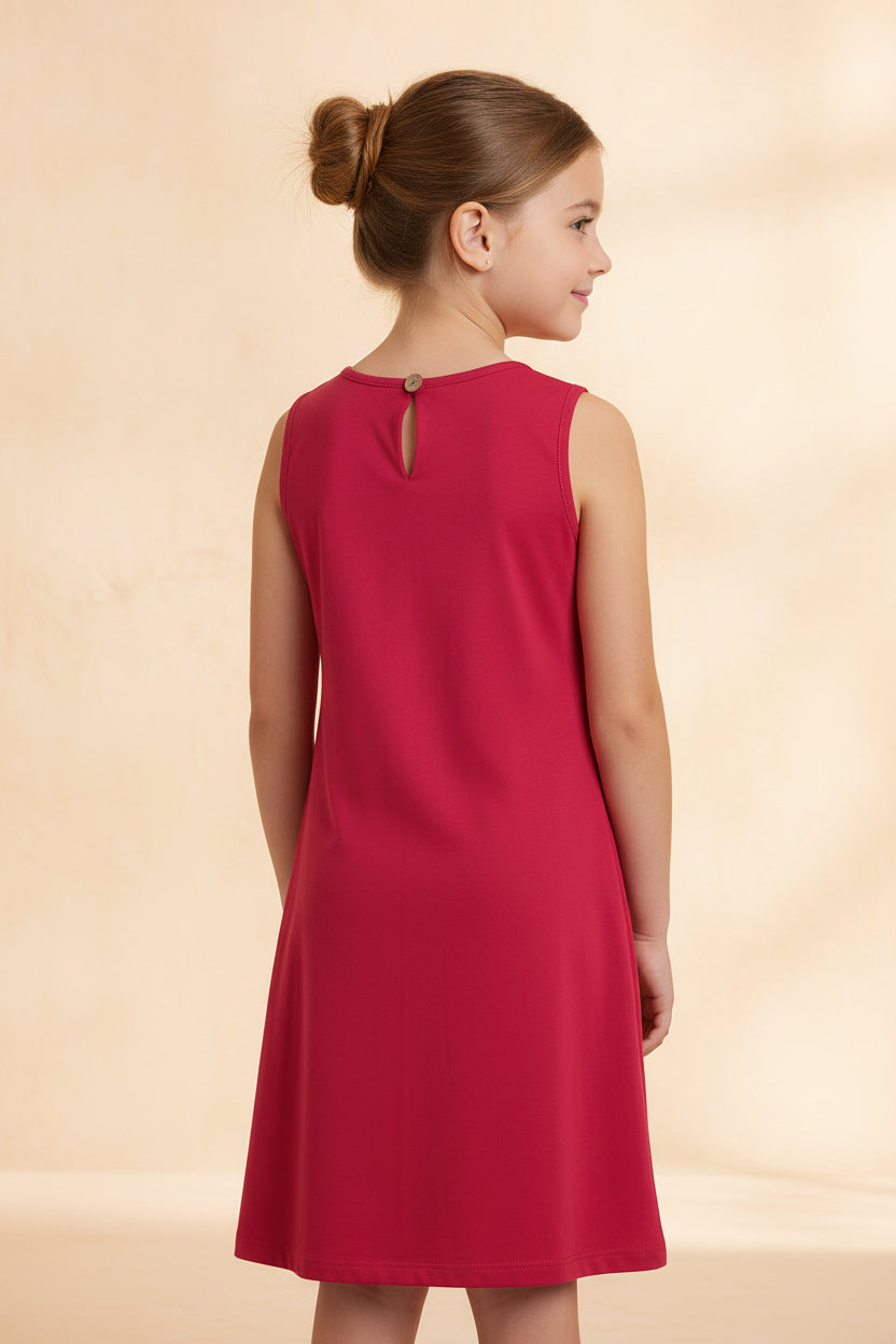 Girls Red Floral  Applique Cotton Viscose Sleeveless A-Line Dress