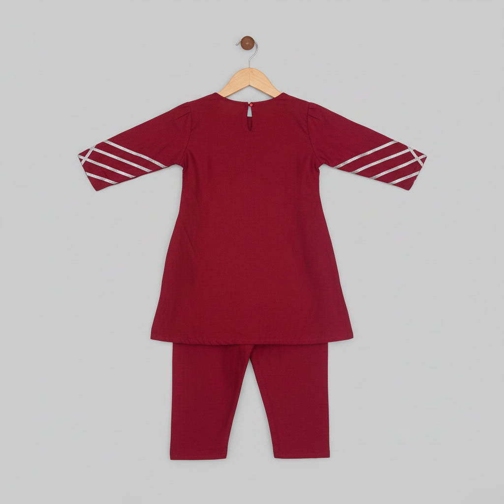 Girls Maroon cotton viscose  Printed Kurta & Pant Set