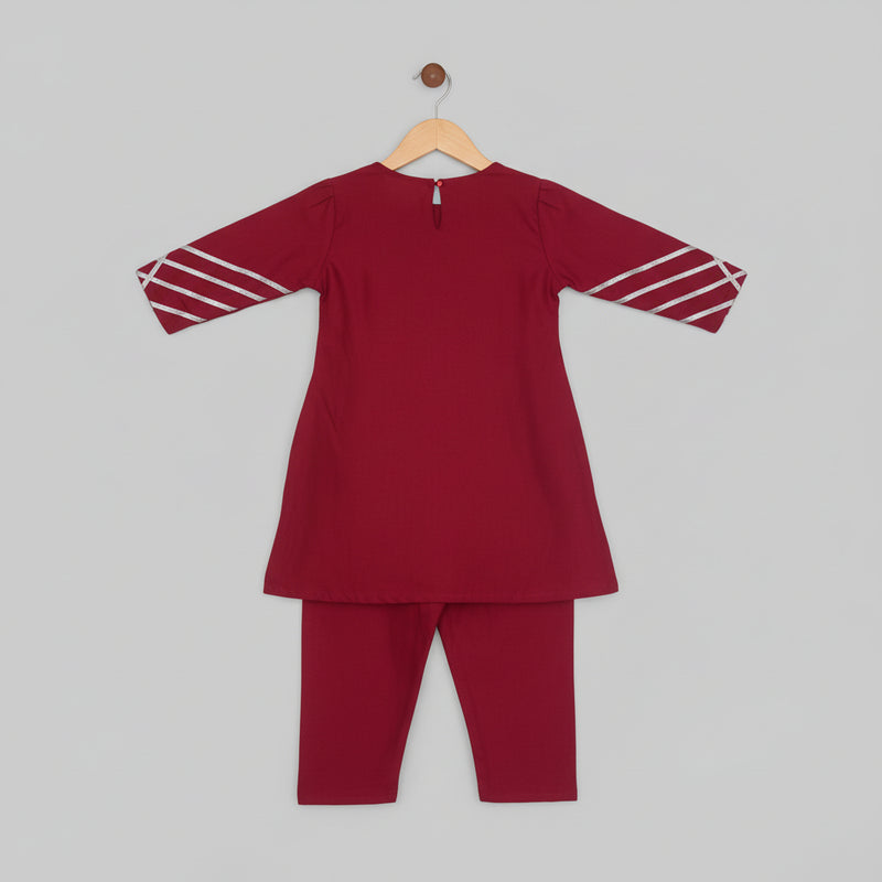 Girls Maroon cotton viscose  Printed Kurta & Pant Set