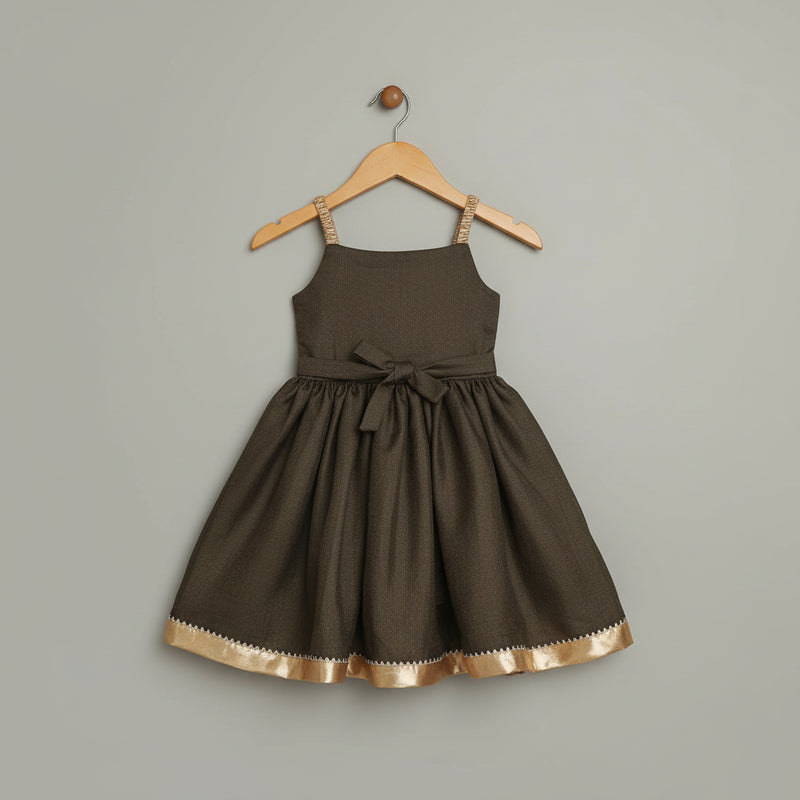 Girls Dark Green Silk Party Wear Dress with Floral Appliqué