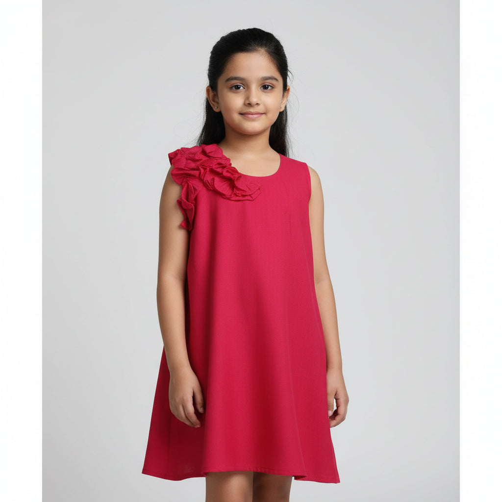 Girls Red Floral Pure Cotton Applique A-Line Dress