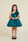 Girls Teal Satin Party Wear Dress with Floral Applique