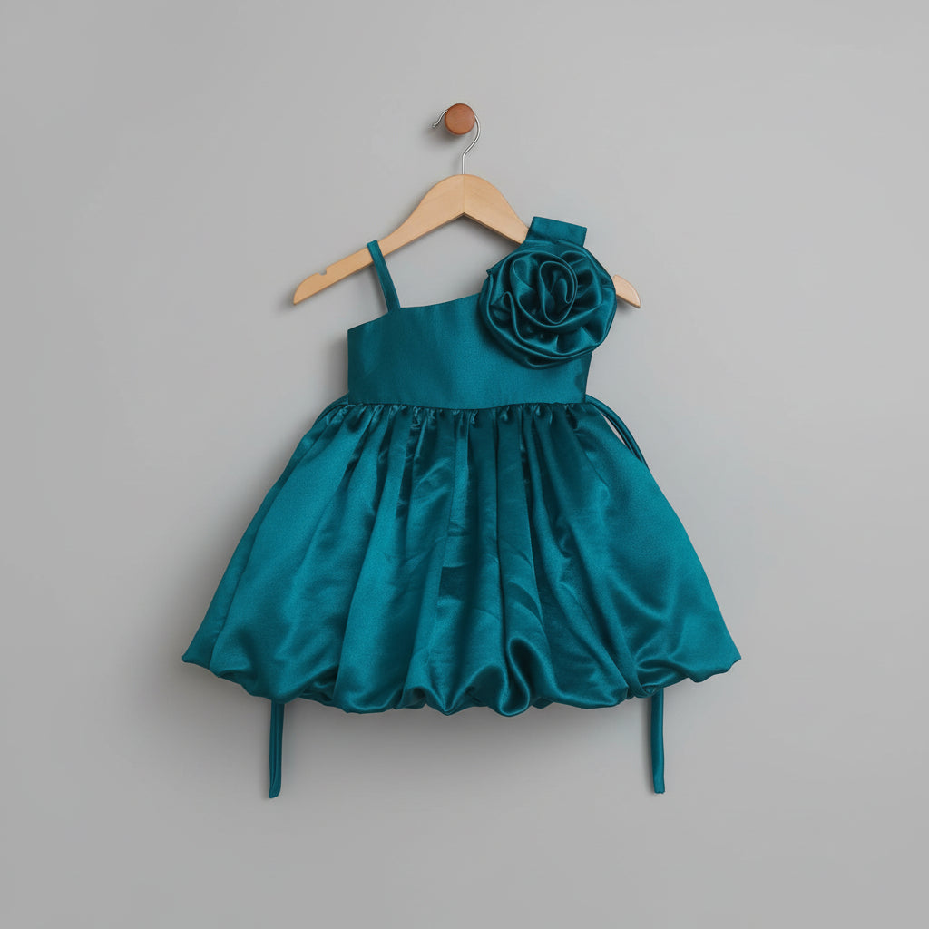 Girls Teal Satin Party Wear Dress with Floral Applique